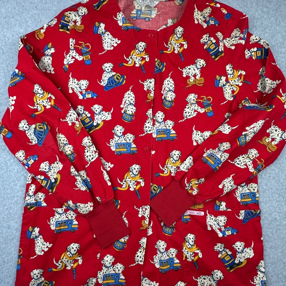 Vtg Cherokee Dalmatian Firefighter EMS Scrub Jacket Red Snap Front Rib Cuff Med